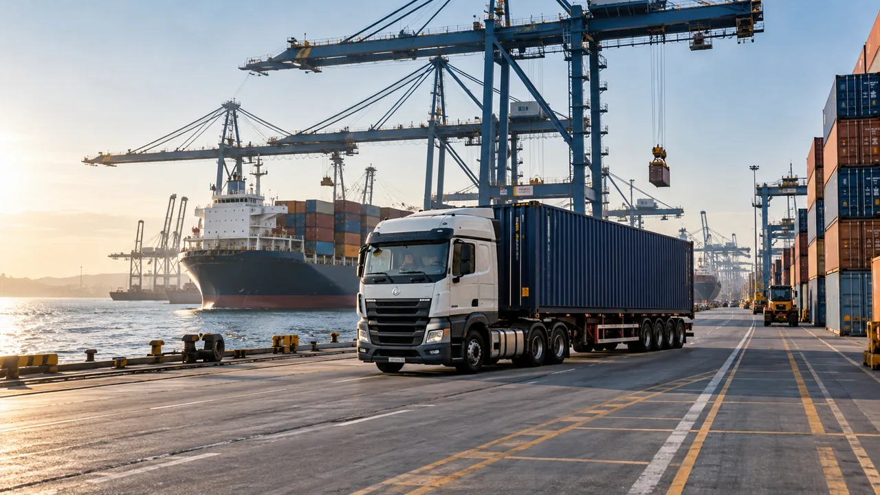 Container truck and cranes in an illustrative African coastal freight terminal