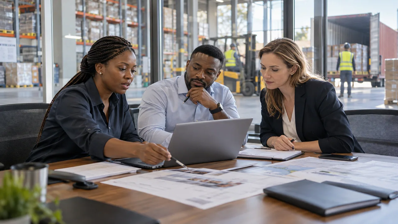 Black African and white business professionals reviewing a shipment plan in an illustrative logistics office