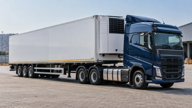 Refrigerated truck in a logistics yard